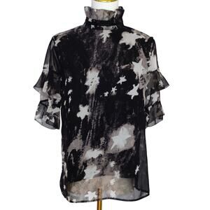 Religion Wish Print High Neck Black Sheer Blouse Ruffle / Beaded accents Size S